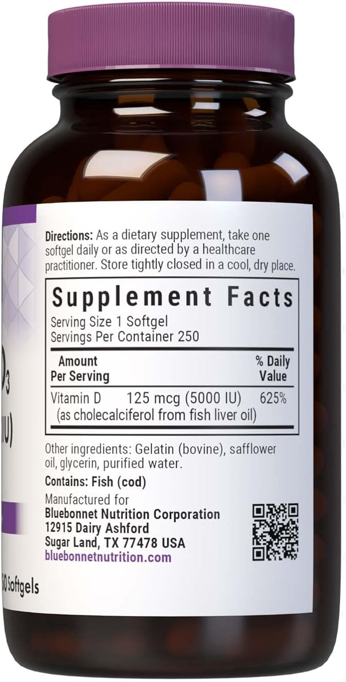 Bluebonnet Nutrition Vitamin D3 5000 IU Softgels Aids in Muscle and Skeletal Growth Cholecalciferol from Fish Oil Non GMO Gluten Free Soy Free Dairy Free Yellow 250 Softgels