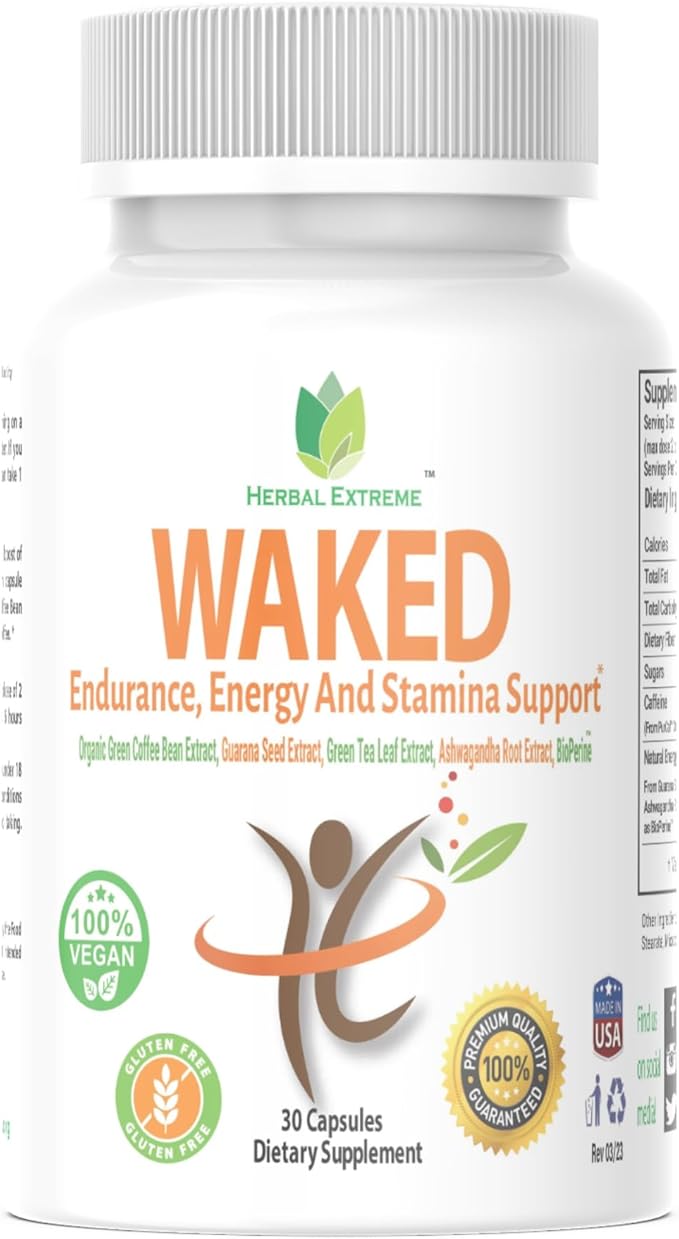 Waked Endurance Energy And Stamina Support 30 Capsules Organic Green Coffee Bean Extract Guarana Seed Extract Green Tea Leaf Extract Ashwagandha Root Extract and Black Pepper Extract as BioPerine