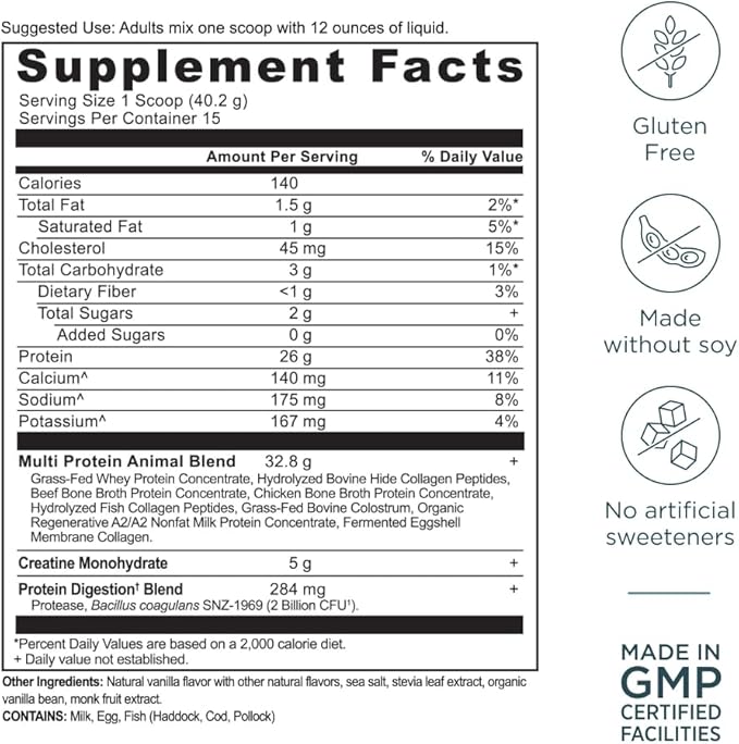 Ancient Nutrition Multi Protein Animal Based Powder + Creatine 26g Protein Grass Fed Whey Bone Broth Collagen Peptides 5g Creatine Monohydrate Colostrum &amp Probiotics Vanilla Bean 15 Servin
