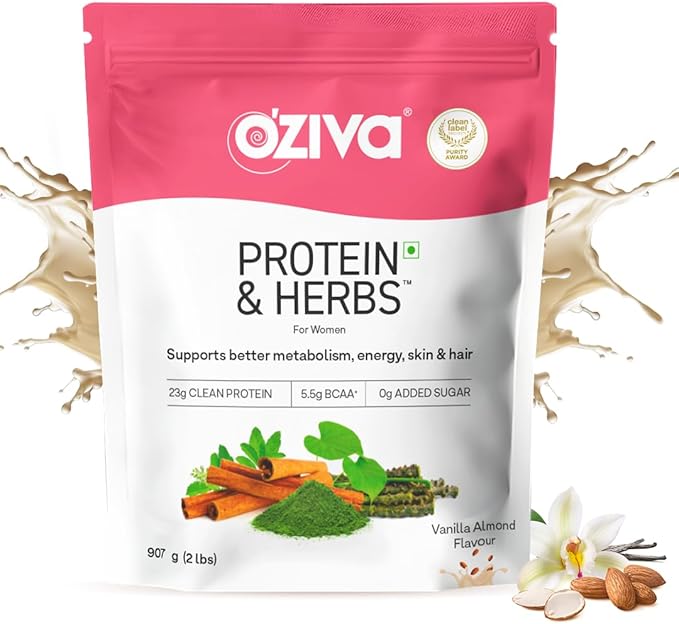 OZiva Protein &amp Herbs Women with Multivitamins Curcumin Shatavari Tulsi for Improved Metabolism Hormonal Balance &amp Skin Hair Health 2.2 lbs Vanilla Almond. Soy Free Gluten Free Non G