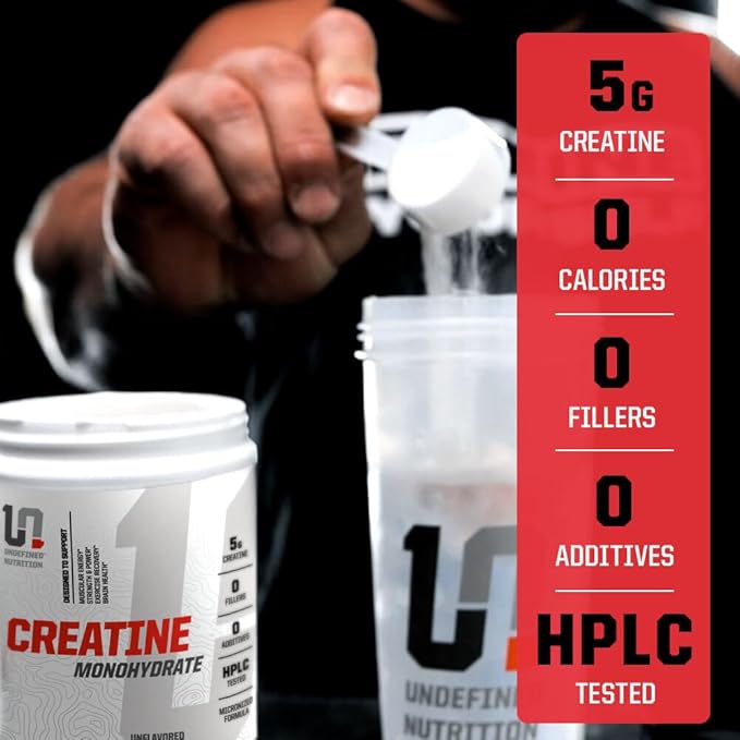 Undefined Nutrition Creatine Monohydrate by Brian Shaw (Unflavored 60 Servings) - Easy Mixing and Absorbing Micronized Creatine Monohydrate Powder - Supports Muscular Energy Power and Brain Health