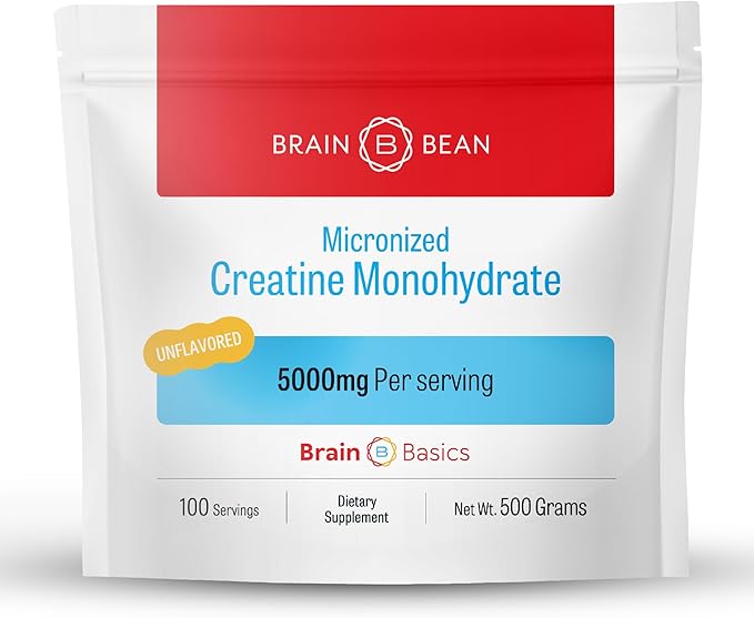 Brain Bean 500mg Unflavored Micronized Creatine Monohydrate Powder Helps Boost Energy for Brain Health - Non-GMO Gluten-Free Creatine Powder Supports Muscle Health (Made in USA)