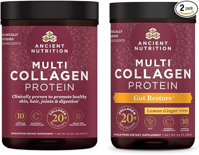 Ancient Nutrition Multi Collagen Protein Powder Unflavored 45 Servings + Multi Collagen Protein Powder Gut Restore 20 Servings