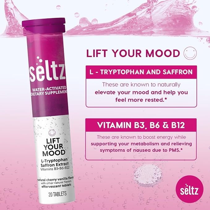 Seltz® Lift Your Mood – Effervescent Vitamins for Mood Support &amp Energy with L-Tryptophan Saffron Extract &amp B Vitamins (B3 B6 B12) – Cherry Vanilla Flavor No Sugar Added 20 Tablets (Pack