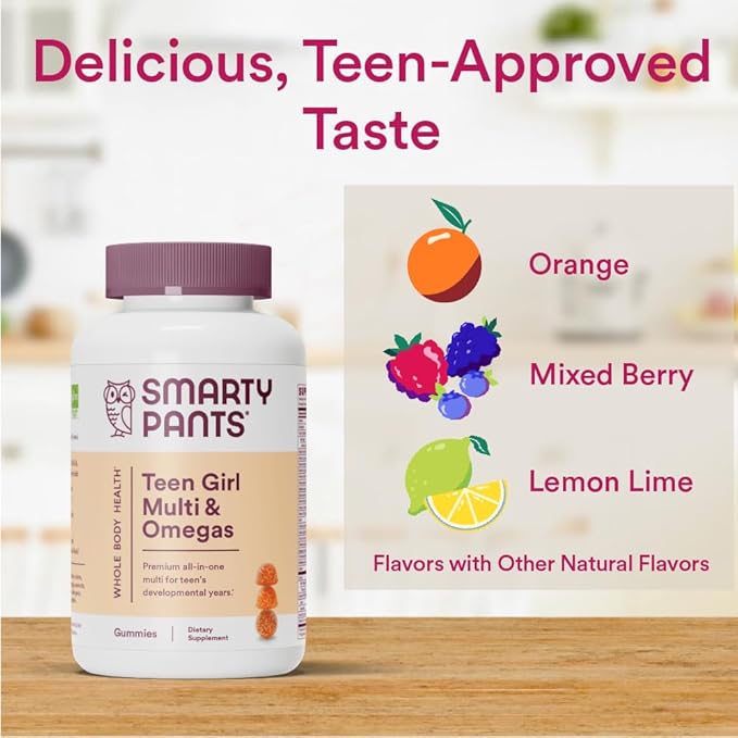 SmartyPants Teen Girl Multivitamin Gummies with Omega-3 Fish Oil (EPA/DHA) Vitamins C D3 B12 A K &amp Zinc Gluten-Free Includes Biotin for Hair Skin &amp Nails 120 Count (Pack of 2)