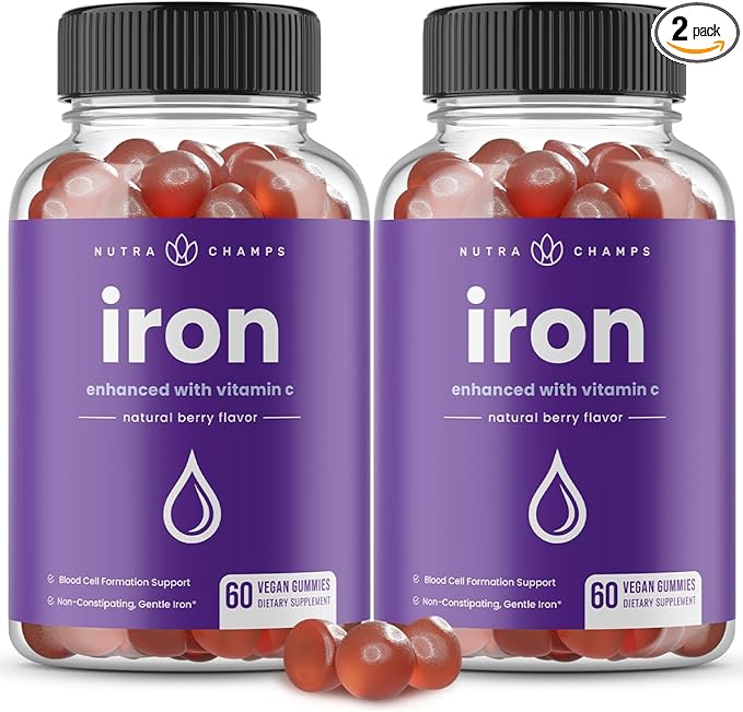 NutraChamps Iron Gummies with Vitamin C 20mg Iron Blood Cell Formation Support 120 Gummies for Iron Deficiency &amp Anemia Energy Focus Immune Boost Pack of 2