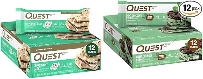 Quest Nutrition Peppermint Bark Protein Bar 21g Protein 4g Net Carb 1g Sugar Gluten Free 12 Count &amp Mint Chocolate Chunk Protein Bars High Protein Low Carb Gluten Free Keto Friendly 12 C
