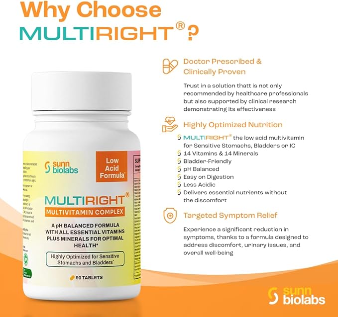 MULTIRIGHT | LOW ACID MULTIVITAMIN for Sensitive Stomachs Bladders | 14 Vitamins &amp 14 Minerals | Bladder-Friendly pH Balanced | Easy on Digestion-Less Acidic | Buffered Vitamin C | 180 Tab (2)