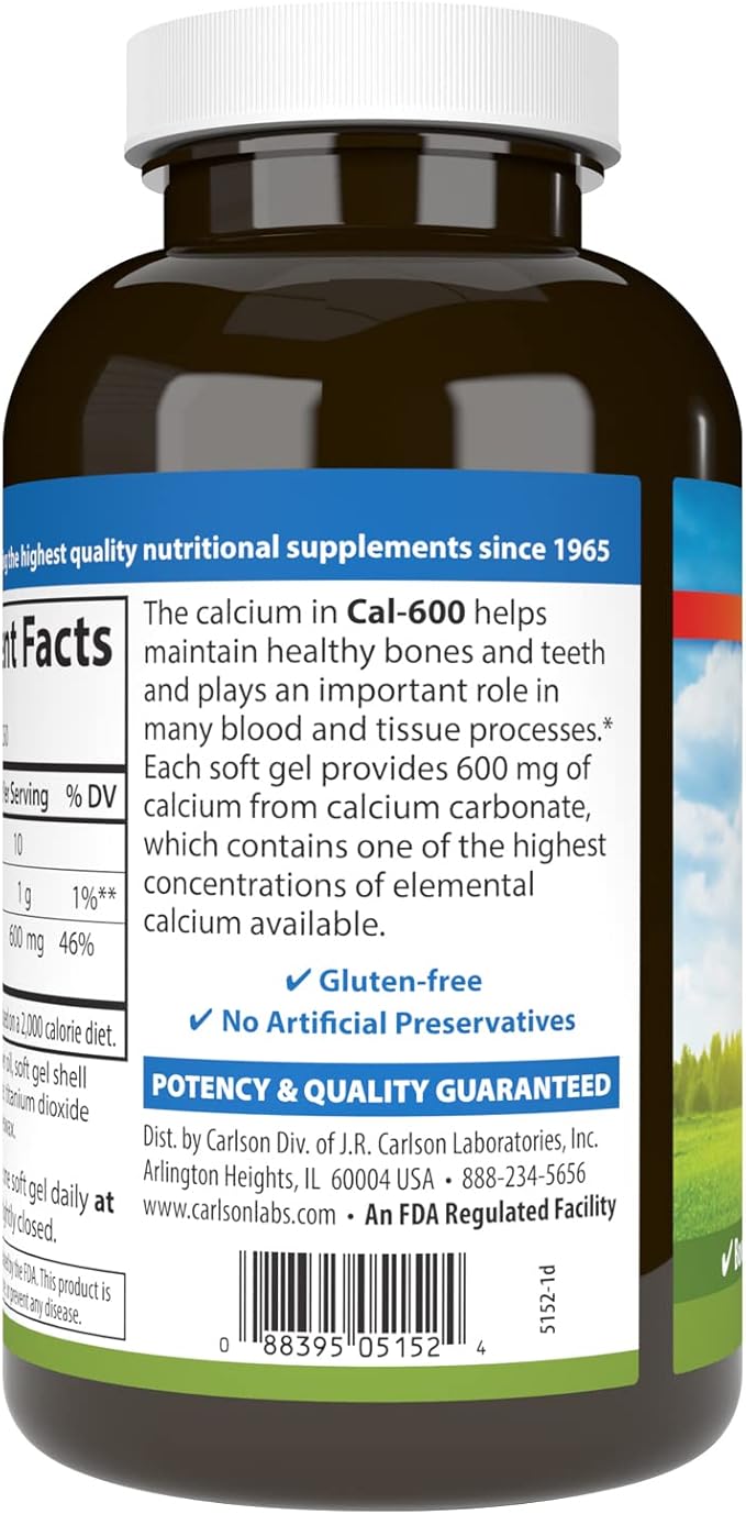 Carlson - Cal-600 600 mg Calcium Bone Support Healthy Teeth &amp Optimal Wellness 250 Softgels