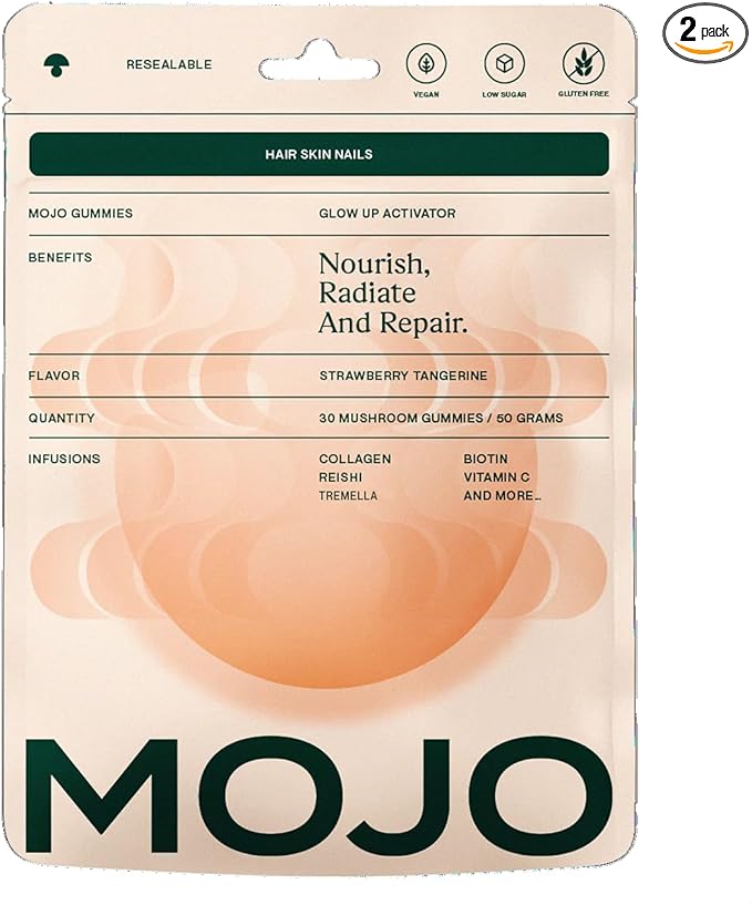 Mojo Hair Skin &amp Nails Gummies Beauty Support Formula with Collagen Biotin Reishi Tremella + Vitamins (30 Gummies 2-Pack)