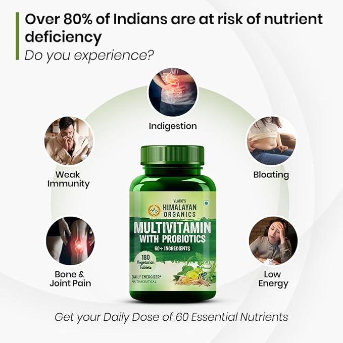 Himalayan Organics Organics Multivitamin with Probiotics - 45 Ingredients for Men and Women with Vitamin C D E B3 B12 Zinc Giloy and Biotin (180 Tablets)