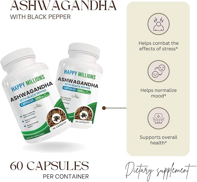 Ashwagandha with Black Pepper | 1310 mg Organic Herbal Supplement | 60 Plant-Based Capsules