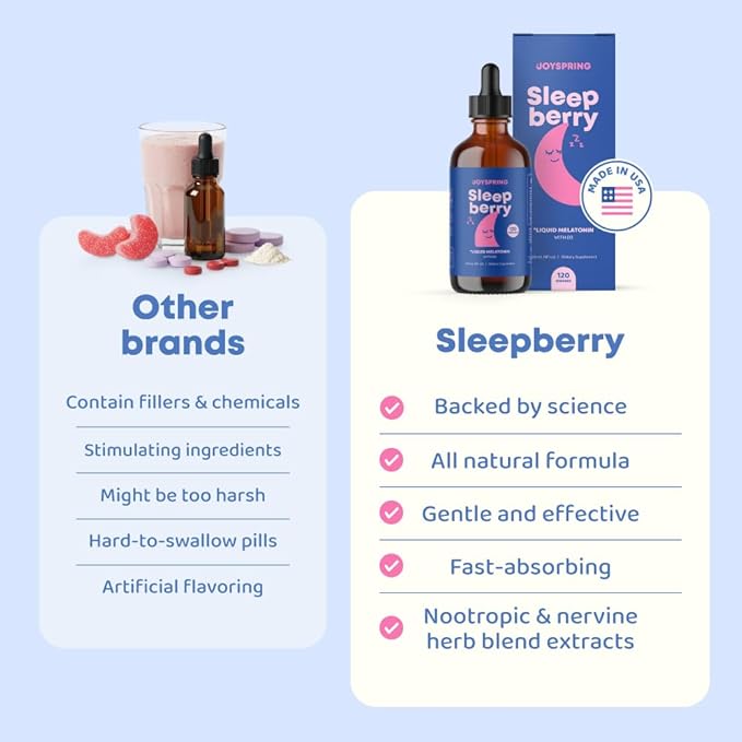JoySpring SleepBerry - Kids Melatonin Liquid - 3MG Melatonin with D3 and Elderberry - Sugar-Free Liquid for Kids &amp Teens – Gentle Natural Sleep Support Formula (4 fl oz)