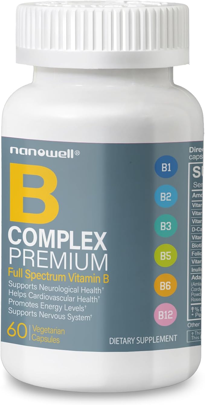 NANOWELL B Complex Premium(12BOXES) - Full Spectrum of B Vitamins for Energy Heart &amp Immune Support - B-Complex Supplement with Adaptogens - 60 Capsules 60-Day Supply X12