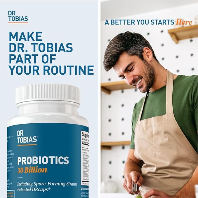 Dr. Tobias Probiotics 30 Billion 10 Strains 30 Billion CFU's Targeted Release Probiotics for Women &amp Men Supports Digestive Health Shelf-Stable Non-GMO 90 Capsules 90 Servings