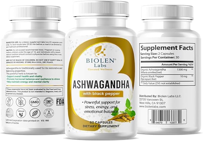 Biolen Labs Ashwagandha Extra Strength with Black Pepper 1300mg 60 Capsules Natural Stress Relief Mood Support Energy Supplement