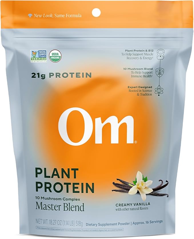 OM MUSHROOM SUPERFOOD Master Blend Vegan Protein – Creamy Vanilla Plant Protein with 10 Mushrooms Ashwagandha BCAAs &amp B12 – Energy Recovery &amp Immune Support – 1.2 lb (16 Servings)