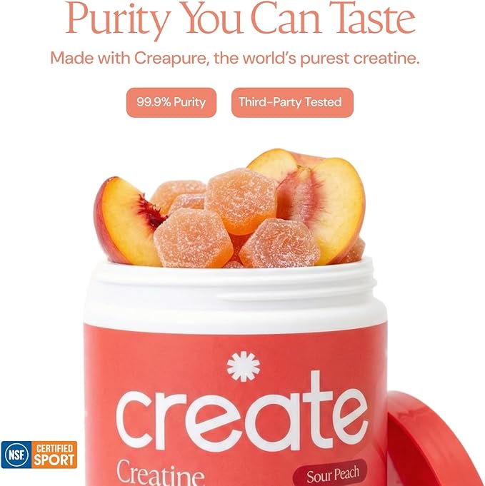 Create Creatine Monohydrate Gummies for Men &amp Women Boost Focus Strength and Endurance Anti-Melting Formula Vegan Gluten-Free Non-GMO 1.5g of Creatine per Gummy (Sour Peach)