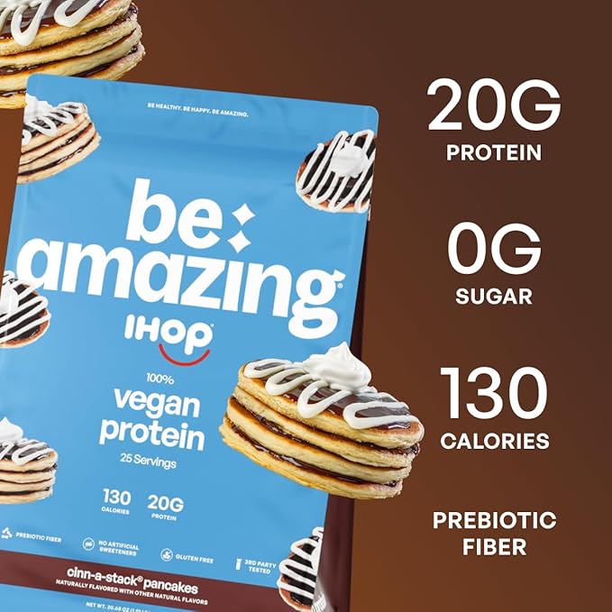 BE AMAZING Vegan Protein Powder IHOP Cinn-A-Stack Pancakes 20g Plant Based Protein with Prebiotic Fiber Low Carb Dairy and Gluten Free Shake Mix No Added Sugar 29.3 oz 25 Servings