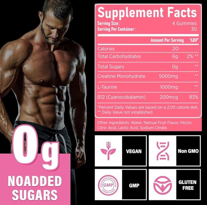 Creatine Monohydrate Gummies for Men &amp Women-5g of Creatine Monohydrate per Serving- Help Increase Strength and Build MuscleSugar FreeVeganStrawberry Flavor 120 Count