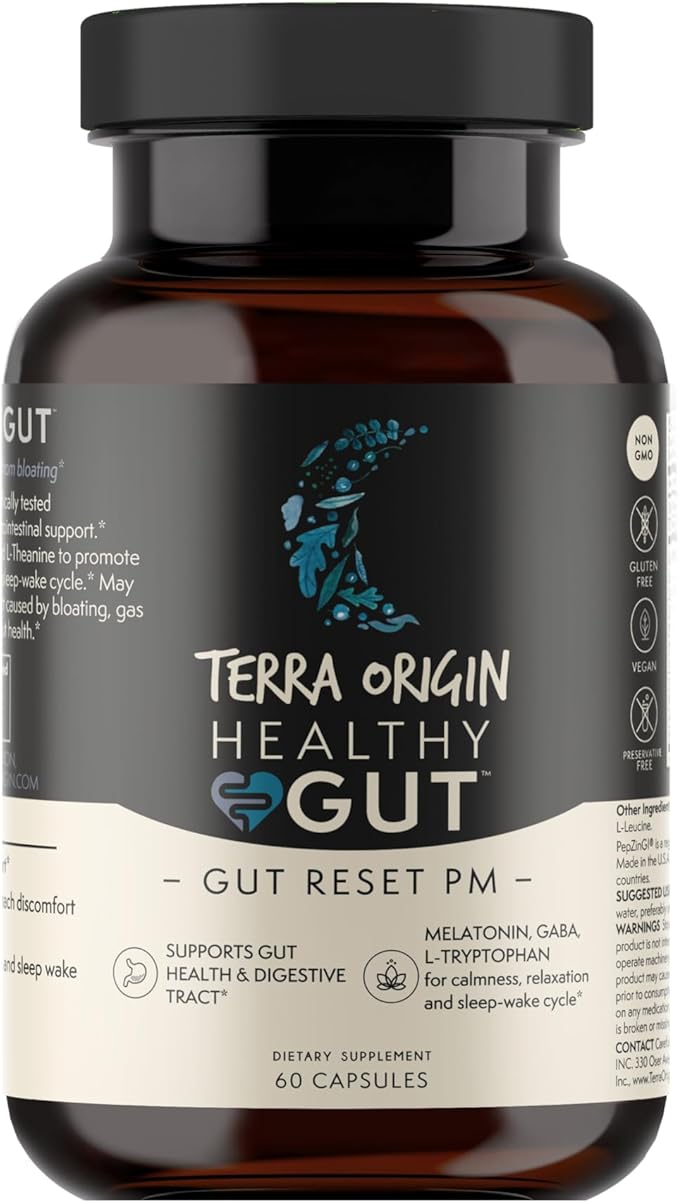 TERRA ORIGIN Healthy Gut Reset PM | 60 Veggie Capsules | Natural Sleep Aid Supplement for Sleep &amp Wake Cycles | GABA L-Theanine Melatonin L-Glutamine Licorice Root Slippery Elm Root