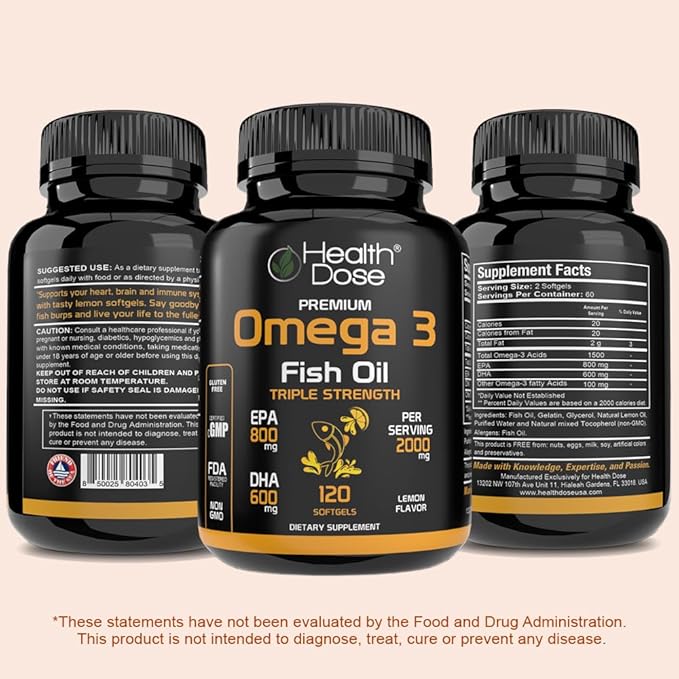 Health Dose Omega 3 Fish Oil – Lemon-Flavored Softgels with EPA &amp DHA for Brain Heart and Wellness Support – Easy-to-Digest No Fish Burps – 120 Softgels Pack of 5