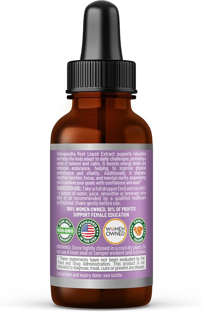 Ashwagandha Root Extract | Organic Ashwagandha Supplements for Women &amp Men | Natural Calm Mood Support Supplement | Non-GMO Vegan Adaptogenic Fast Absorption Liquid Drops 1 fl. oz