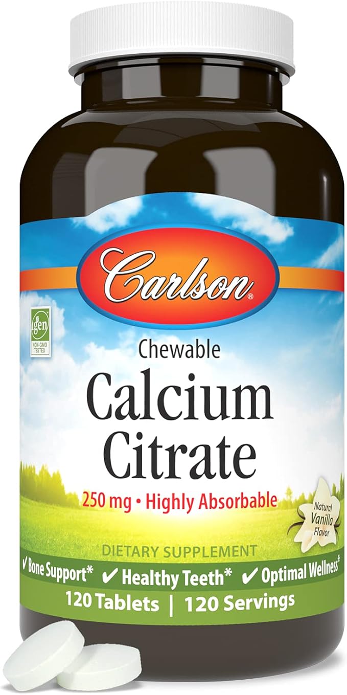 Carlson - Chewable Calcium Citrate 250 mg Highly Absorbable Bone Support Healthy Teeth &amp Optimal Wellness Natural Vanilla Flavor 120 Tablets