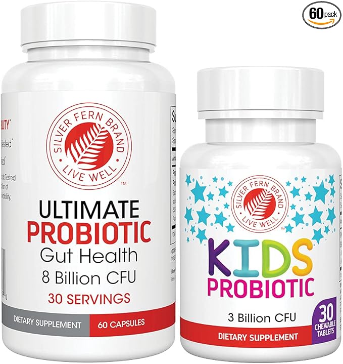 Silver Fern Brand Family Probiotics - Ultimate Adult Probiotic (1 Bottle = 60 Capsules) Plus Ultimate Children's Probiotic for Kids (1 Bottle = 30 Chewables) - Gut Health &amp Microbiome Support
