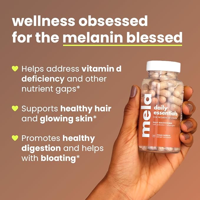 Mela Daily Essentials Multivitamin for Melanated Women - High-Dose Vitamin D3 and B12 Probiotics Lion's Mane Ceylon Cinnamon - Vegan Gluten Free Non-GMO 30 Day Supply (60 Capsules)