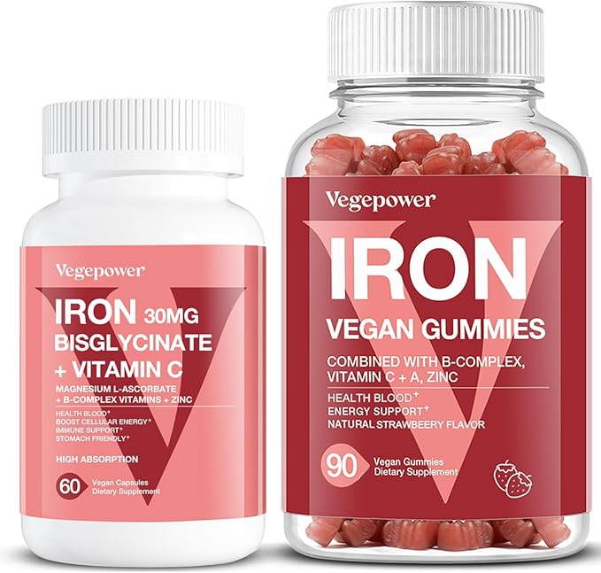 Vegan Iron Gummies Strawberry Plus Iron Bisglycinate 30MG | Vegan Iron Supplement Support for Blood Healthy &amp Daily Energy for Adults &amp Kids - 90 Count+60 Count