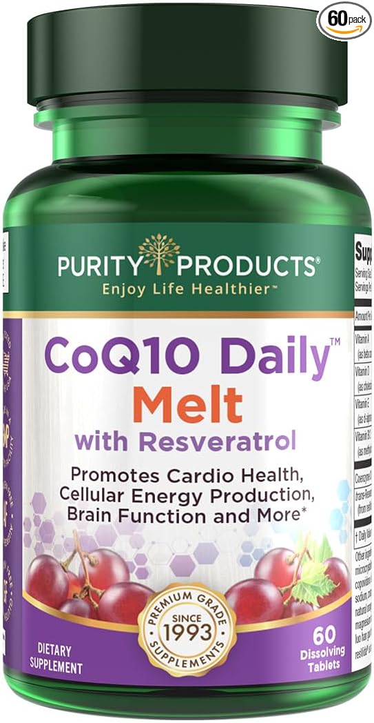 Purity Products CoQ10 Daily with Resveratrol Melt 100mg CoQ10-30mg Trans-Resveratrol - Vitamin A D3 E and B12 (as methylcobalamin) - 60 Fast Dissolving Tablets