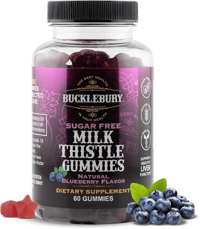 Bucklebury Sugar-Free Milk Thistle Gummies 1000mg with Natural Blueberry Flavor - Vegan Gluten-Free Non-GMO Natural Milk Thistle Supplement for Liver Health Immunity &amp Antioxidant Support -60 C