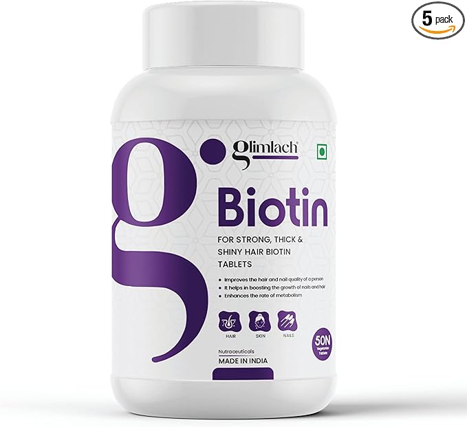 GLIMLACH Biotin 10000mcg Hair Growth Supplement for Men &amp Women 250 Veggie Tablets (Pack of 5 50 Tablets Each Jar)