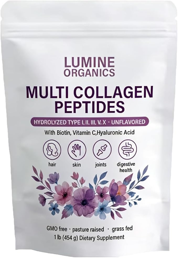 Lumine Organics Collagen Multi Collagen Peptides PowderType IIIIIIVX with BiotinHyaluronic Acid PowderVitamin CNon-GMO-1bag