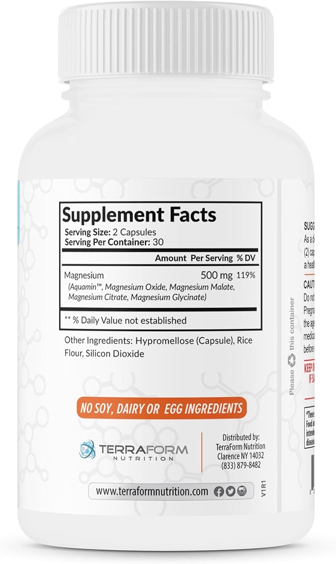 Terraform Nutrition Complete Magnesium Complex - 4 Forms of Magnesium (Glycinate Malate Oxide &amp Citrate) Plus Aquamin for Support of Muscles Sleep Energy &amp Relaxation - 60 Capsules