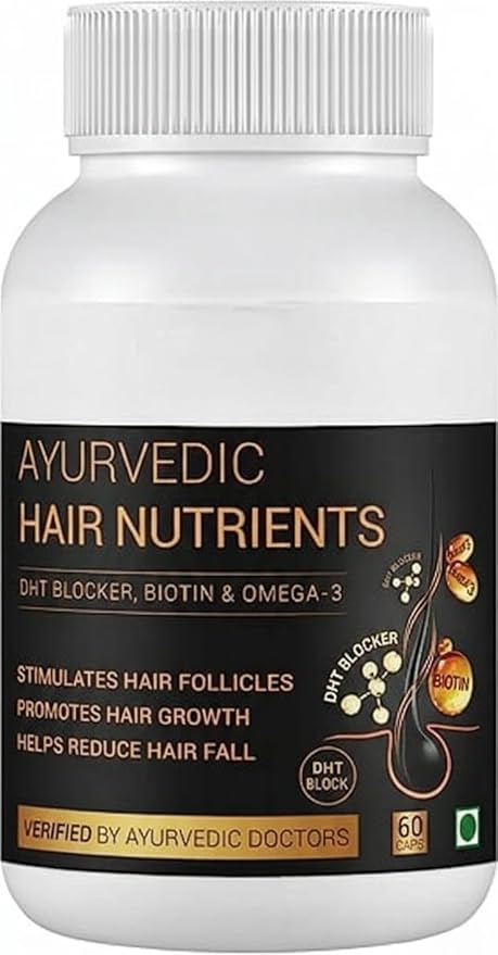 DHT Blocker Ayurvedic Hair Nutrients Vitamins - Plant Based Gluten Free | Biotin Omega-3 &amp Flaxseeds | Controls Hair Fall &amp Stimulates Follicles | 100% Veg | 60 Capsules