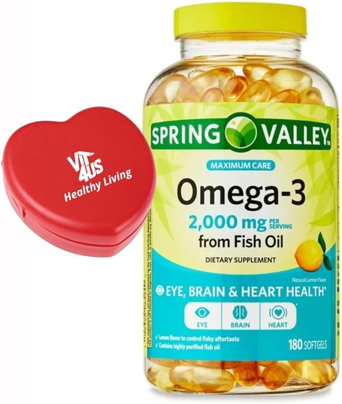 Spring Valley Maximum Care Omega-3 from Fish Oil Dietary Supplement Softgels for Eye Brain Bone &amp Heart Health 2000 mg 180 Count Pill Box.
