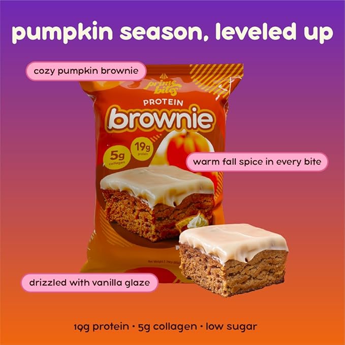 Prime Bites High Protein Brownie (12 Per Box Glazed Pumpkin Spice) - 19g of Protein 5g of Collagen Gluten Free Low Sugar Treat Delicious Protein Snack