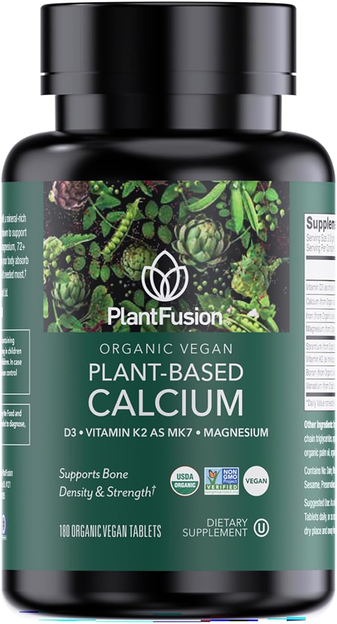 PlantFusion Organic Vegan Calcium Premium Organic Plant Based Calcium (1000mg) Sourced from Icelandic Red Algae Plus Magnesium D3 K2 Iron and Boron 180 Vegan Tablets