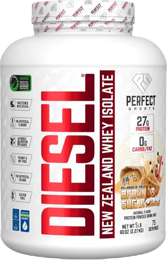 PERFECT SPORTS Diesel 100% New Zealand Whey Protein Isolate | Stevia Sweetened No Artificial Ingredients Keto | 0g Carb 0g Fat 26g Protein | 5 Pounds (Brown Sugar Bubble Tea)