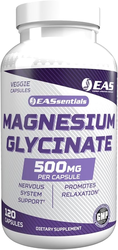 EAS Magnesium Glycinate 500mg | Nervous System &amp Muscle Function | Relaxation Support | Easy to Digest | Gluten Free Non GMO Vegetarian | 120 Veggie Capsules