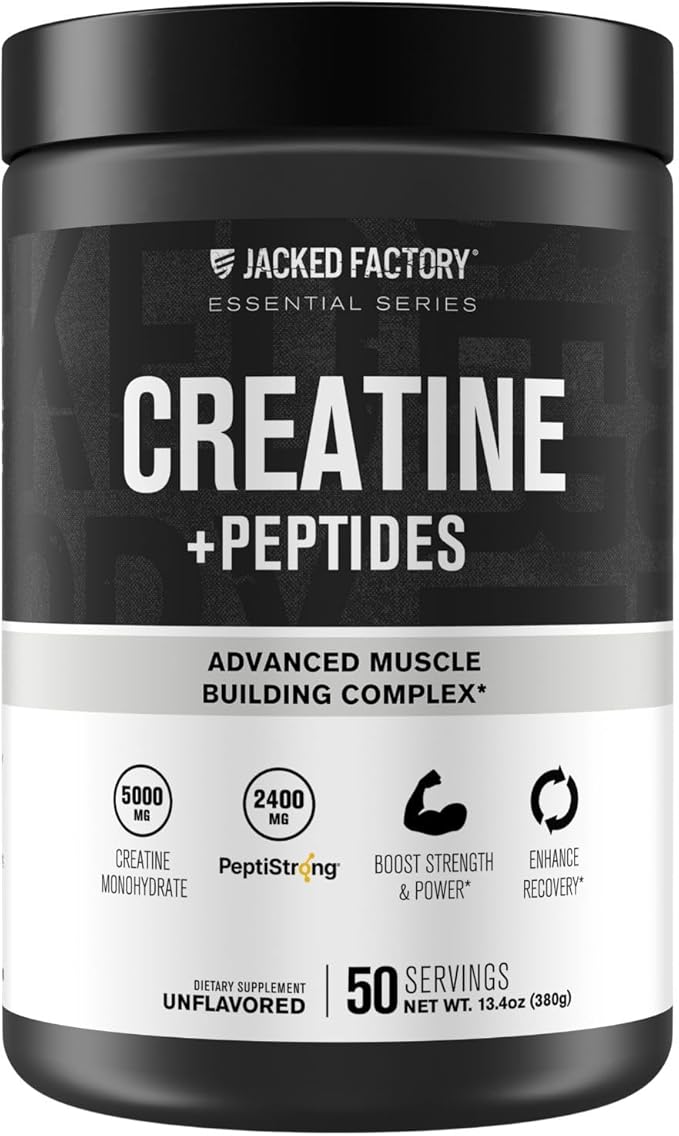 Jacked Factory Creatine + Peptides - Creatine Monohydrate and PeptiStrong Peptides for Muscle Growth and Reduced Muscle Breakdown - Unflavored - 50 Servings