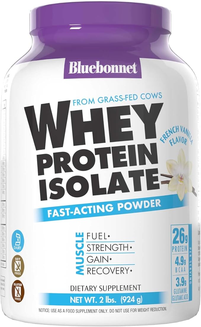 BlueBonnet Nutrition Whey Protein Isolate Powder From Grass Fed Cows 26g of Protein No Sugar Added Gluten &amp Soy free kosher Dairy 2 Lbs 28 Servings French Vanilla Flavor