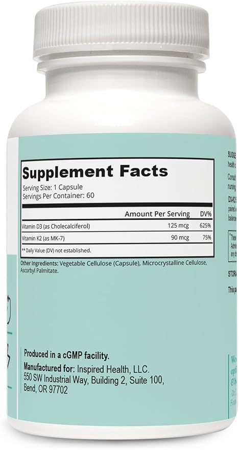 LUMINSPIRED HEALTH Vitamin D3 K2 5000 IU (125 mcg) High Potency Dietary Gluten Free Vitamin Supplements for Healthy Bones Muscles Immune Support &amp Heart Health Non-GMO - 60 Counts Vegan Capsul