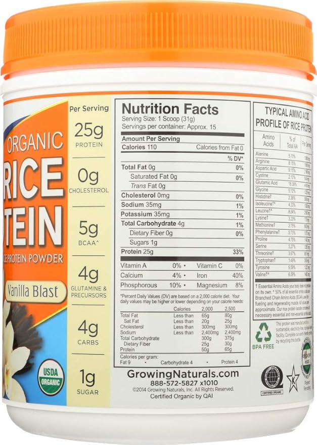 Growing Naturals Organic Rice Protein Vanilla Blast -- 1 lb by Growing Naturals