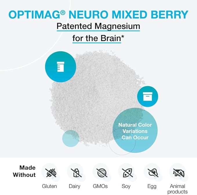 XYMOGEN OptiMag Neuro - Brain Health &amp Relaxation Support - Magnesium Glycinate &amp L-Threonate - Chelated Magnesium Powder - Mixed Berry Flavor - 5.29 Oz