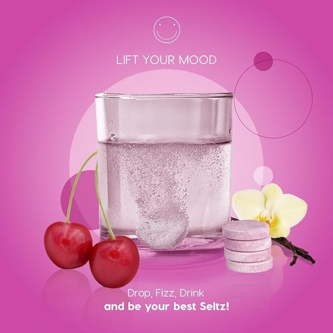 Seltz® Lift Your Mood – Effervescent Vitamins for Mood Support &amp Energy with L-Tryptophan Saffron Extract &amp B Vitamins (B3 B6 B12) – Cherry Vanilla Flavor No Sugar Added 20 Tablets (Pack