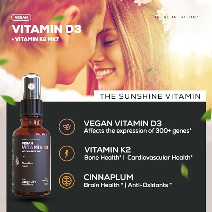 Ideal Infusion Vegan Vitamin D3 5000 iu with K2 (MK-7) Liquid Spray: Organic Plum with Cinnamon - Bone Health Immune Support Bone Structure (75 Servings)