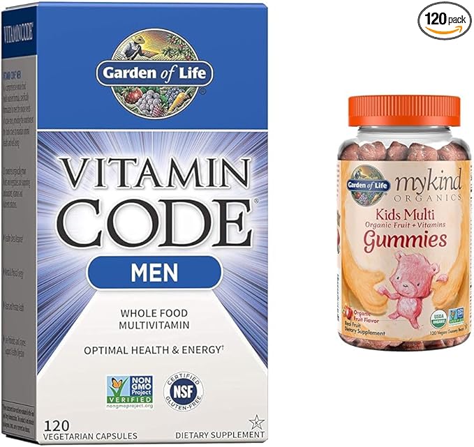Garden of Life Men's Whole Food Multivitamin 120 Count and Kids Organic Fruit Gummy Vitamins 120 Count